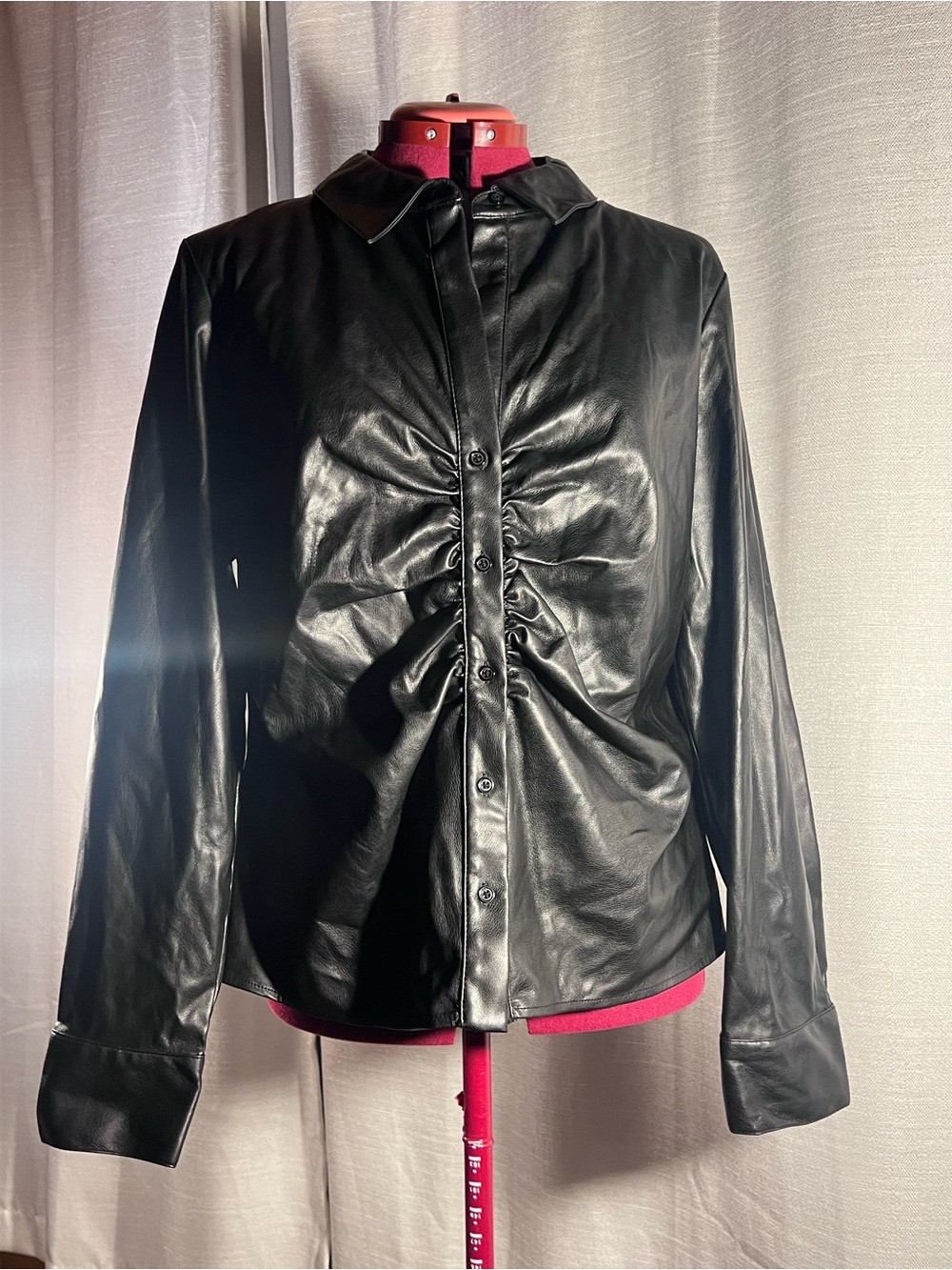 DKNY Black Faux Leather Ruched-Front Button Jacket
